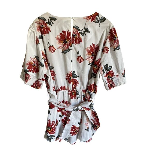 New! Lane Bryant White Red Floral Belted Peplum Top V-Neck Cotton Blend Short Sl - Picture 2 of 6